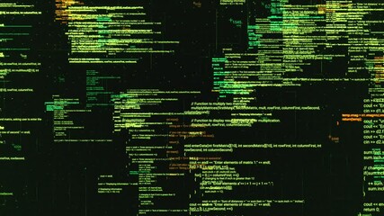 Abstract computer code running in a virtual space. Animation. Programming code with moving lines isolated on black sreen background, seamless loop.