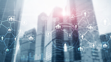 Wall Mural - social media concept on futuristic city background.