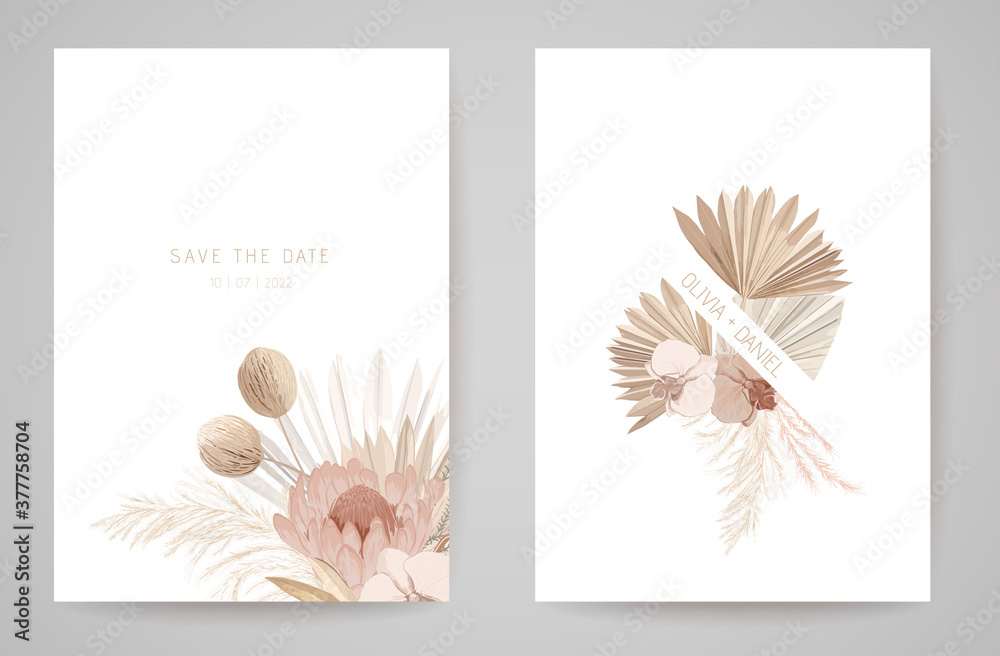 Wedding invitation dried tropical palm leaves, flowers card, dry pampas grass watercolor minimal template vector. Botanical Save the Date golden foliage modern poster, trendy design, luxury background - obrazy, fototapety, plakaty 