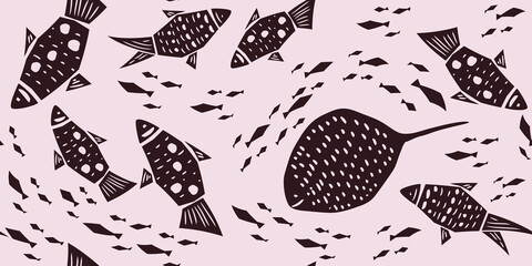 Wall Mural - Modern pattern with ink black fishes on a white background for printing, fabric, textile, manufacturing, wallpapers. Hand drawn seamless vector pattern