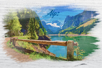 Wall Mural - Sunrise at mountain lake in Gosau, Alps, watercolor painting