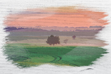 Wall Mural - wonderful dawn at foggy field in summer, watercolor painting