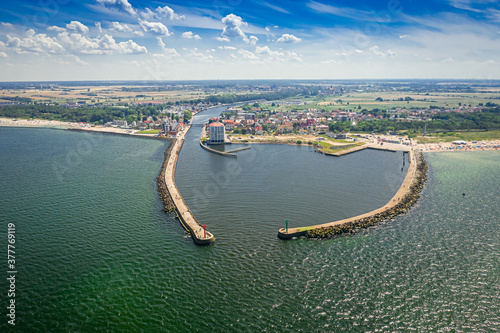 Fotomural Entrance to the port in Darlowek, Baltic Sea, aerial view