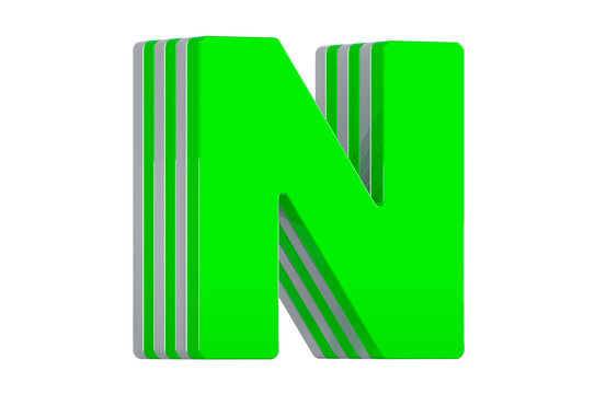 Green Letter N, layered font. 3D rendering