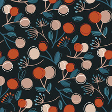 Nordic Scandinavian Floral Botany Folklore Berry And Apple Seamless Vector Pattern. Hand Drawn Cute Cartoon Flower Illustration On A Dark Background. Folk Art Ornate Hand Drawn Ethnic Print.