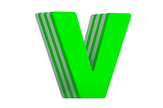 Green Letter V, layered font. 3D rendering