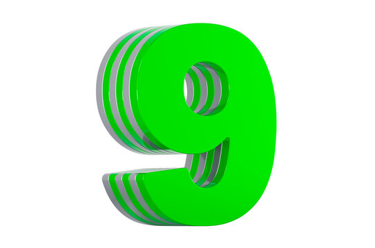 Green Number 9, layered font. 3D rendering