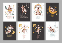 Christmas Cow Cartoon Vector Card Banner Set. Greeting New Year Poster Collection With  Hand Drawn Lettering Quote. Happy Winter Celebration Cute Farm Animal Drawing In A Flat Style. 