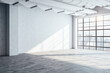 Minimalistic gallery hall with blank wall and city view.