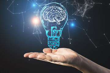 Poster - Hand holding light bulb with brain gologram