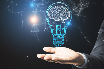 Poster - Hand holding light bulb with brain hologram