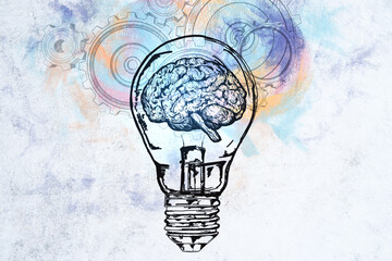 Poster - Creative light bulb with brain and cogs sketch