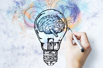 Poster - Businessman hand drawing creative lamp