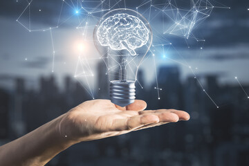 Poster - Hand holding creative lamp with brain hologram