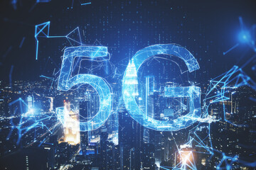 Aufkleber - Creative glowing 5G internet sign on city background.