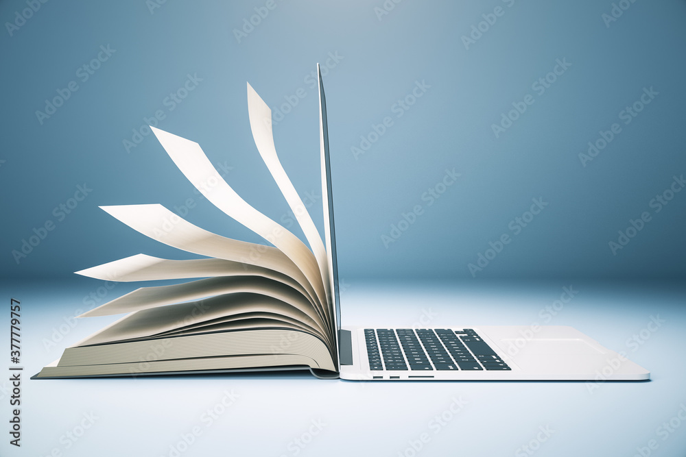 Abstract book and open laptop. - obrazy, fototapety, plakaty 