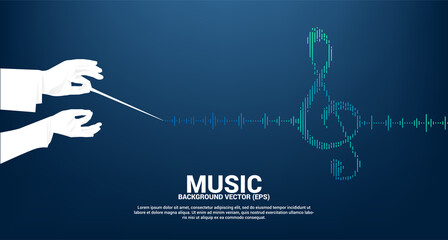 Poster - Vector silhouette of conductor hand with Sol key note icon Sound wave Music Equalizer background. background for event concert and music festival