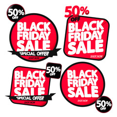 Black Friday Sale, 50% off, banners design template, discount tags, season offers, vector illustration