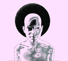 Aufkleber - Artificial human made in pixel art style. Retrofuturistic cyberpunk aesthetics.