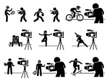 Social Media Sports, Diet, And Fitness Influencers Internet Video Content Creator Pictogram. Vector Illustrations Of Man And Woman Creating Video By Teaching Sports, Gym Workout, And Healthy Eating.