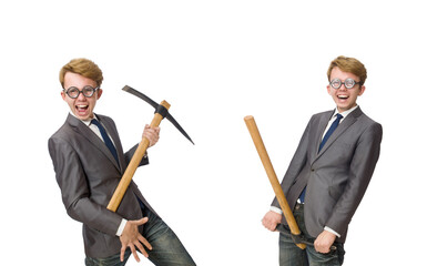 Wall Mural - Young businessman with weapon isolated on white