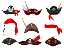 Pirate Hat. Carnival Pirate Mask, Hat And Bandana Costume Collection. Festive Clothes Accessory. Filibuster Headgear Outfit Icon Isolated Set. Vector Buccaneer Headdress. Sea Piracy Cap Illustration