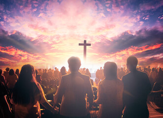 Wall Mural - worship concept: christian people hand in hand over cross on spiritual sky background