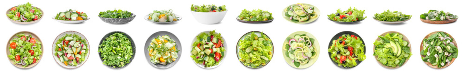Wall Mural - Set of tasty cucumber salads on white background