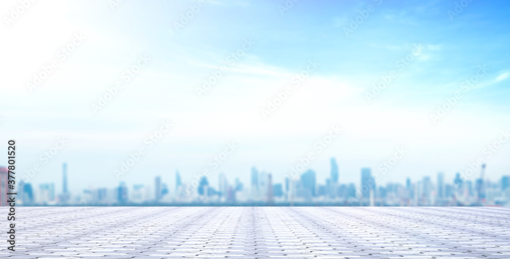 World environment day concept: Stone terrace at rooftop with abstract blur city and blue sky and clouds background. Bangkok, Thailand, Asia - obrazy, fototapety, plakaty 