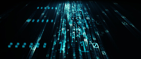 Poster - Binary code  background/Blue bytes of binary code flying through a vortex, background code depth of field