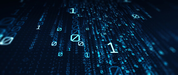 Poster - Binary code  background/Blue bytes of binary code flying through a vortex, background code depth of field