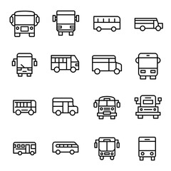 Poster - set of school bus related vector line icons.
