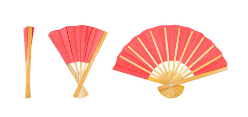 Wall Mural - Bamboo fan or red  oriental fan isolated on white Background with clipping path included.