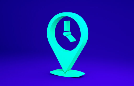 Green Location with clock icon isolated on blue background. Minimalism concept. 3d illustration 3D render.