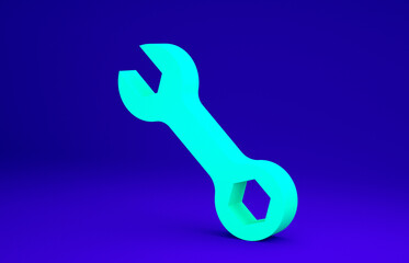 Green Wrench spanner icon isolated on blue background. Minimalism concept. 3d illustration 3D render.