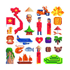 travel to vietnam pixel art icons set, national flag and map, golden sign currency vietnamese dong, 