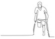Young man with one leg one continuous line with minimalist design isolated in one white background. Standing male with one leg learning to walk with a stick. Minimalist design. Vector illustration