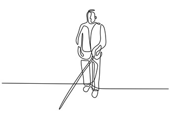 One continuous line art of a blind man is walking on the street with his stick. Young man was crossing the road with the help of his cane. Male in disability. Nobody is perfect. Vector illustration