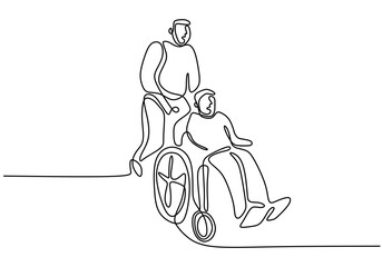 Wall Mural - Continuous one single line drawing of people with wheelchair. A man who is pushing wheelchair to helping disabled man to move isolated flat illustration hand draw on a white background. Vector