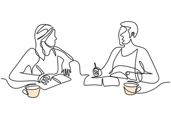 Wall Mural - One continuous line drawing of young man and woman couple enjoying a cup of coffee together at coffee shop. Happy male and female coffee lovers are sitting while talking about business