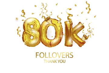 Poster - Vector Golden number 80 000 eighty thousand followers of the metal ball. Party decoration with 80-Karat gold balloons. Anniversary sign for a happy holiday, celebration, birthday, carnival, New year.