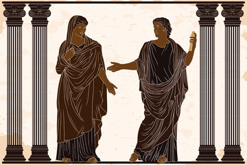 An ancient Greek poet man with a papyrus scroll in his hands reads poetry for a woman in a tunic in the temple between the columns.