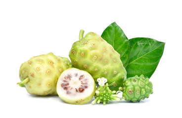 Wall Mural - Noni or Morinda Citrifolia fruits with sliced and green leaf isolated on white background (Rubiaceae Noni, great morinda, indian mulberry, beach mulberry, cheese fruit, Gentianales)