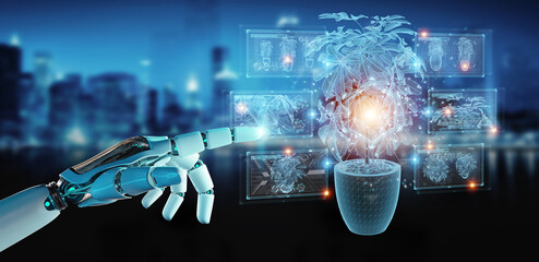 Fototapete - Robot hand holding and touching holographic projection of a plant with digital analysis 3D rendering
