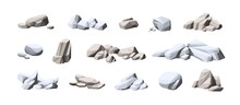 Collection Of Big And Small Heavy Stones. Set Of Natural Solid Rocks. Composition Of Cobblestone Piles. Cartoon Vector Illustration Of Gray Boulders Isolated On White Background
