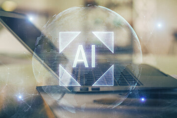 Aufkleber - Double exposure of table with computer on background and data theme hologram. Data technology concept.
