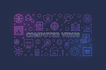 Poster - Computer Virus vector concept line horizontal illustration or banner on dark background