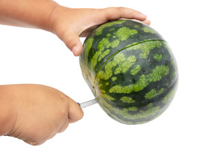 Canvas Print - Ripe watermelon cuts with a knife on a white background.