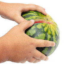 Sticker - Ripe watermelon cuts with a knife on a white background.