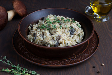 Wall Mural - Traditional tasty risotto or Italian arborio rice dish cooked with broth, mushrooms, onion, white wine, olive oil and parmesan cheese on dark brown wooden background at kitchen. Horizonta lorientation